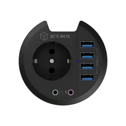 ICY BOX Table Hub 4x USB 3.0 Type-A with Audio in-/output and Schuko Socket CEE 7/3 diameter 80 mm Black