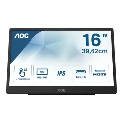 AOC 16T2 15.6inch 1920x1080 IPS Flat Fixed pivot Battery powered touch USB-C display for mobile and flexible use hard glas 3H