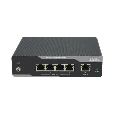 DIGITUS 4 port Gigabit PoE + Extender 1 port PoE input 60W 4 port PoE output 30W 5x10 / 100 / 1000Mbps
