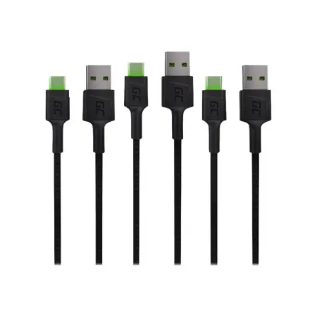 GREEN CELL Zestaw 3x Kabel  GC Ray USB - USB-C 200cm, zielony LED, szybkie ładowanie Ultra Charge, QC 3.0